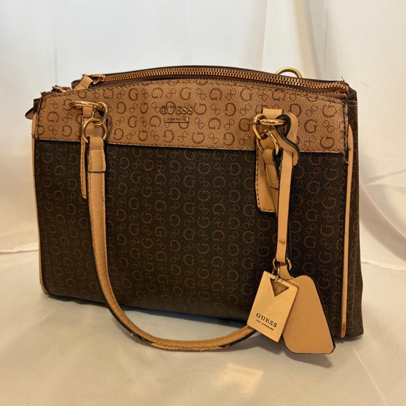 Guess Handbags - Guess Los Angeles Brown Satchel Handbag with Gold Logo design and details purse